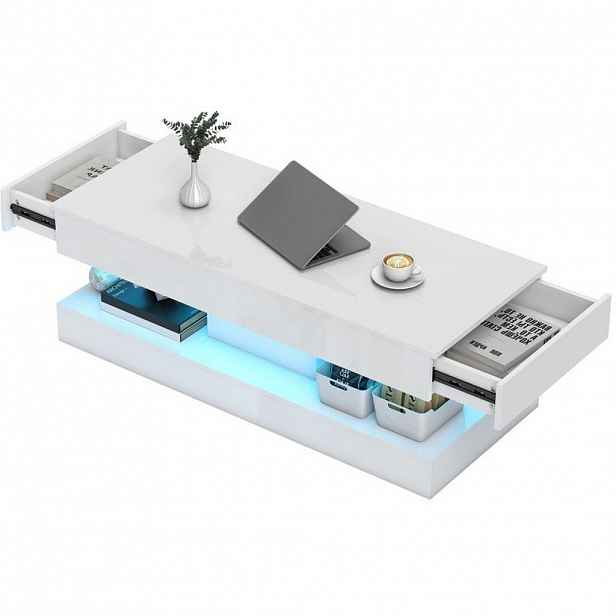 Modfu KONFERENČNÍ stolek ze dřeva 120x50x42 cm bílý s LED osvětlením, 2 zásuvkami a otevřenou policí