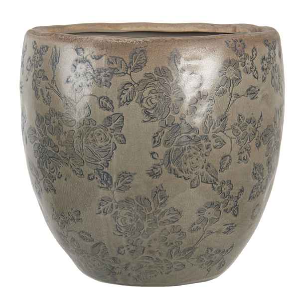 Světle hnědý květináč s květinami, patinou a popraskáním - Ø 20*19 cm Clayre & Eef