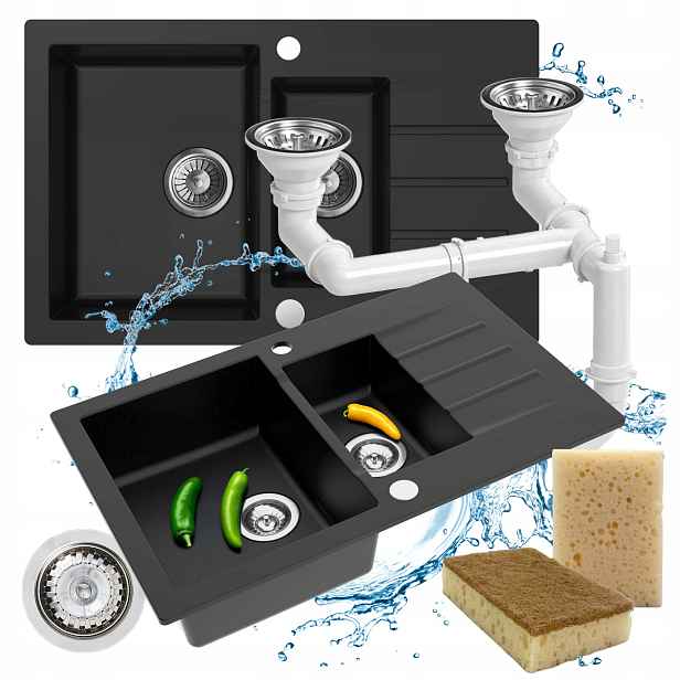 Kuchyňský dřez granitový 79x50 Černý A Půl Komory Set se Sifonem
