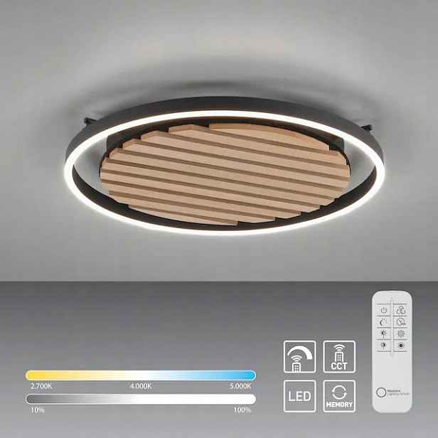 OUTLET-70% Lampa L. Direkt Stropní Svítidlo Led Černá/dřevo/kov 2700-5000K Dálkový Ovladač