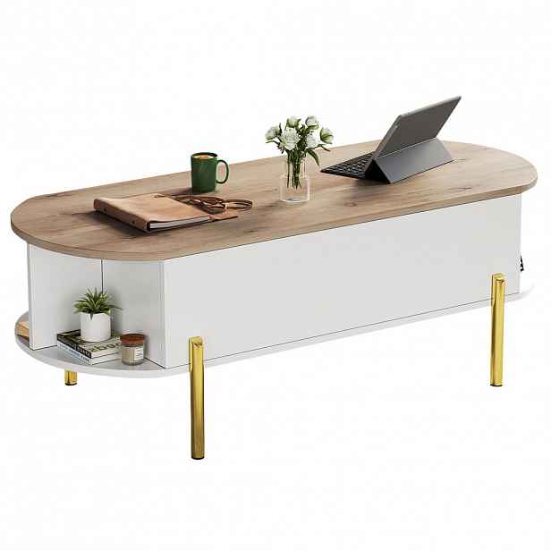 Modfu KONFERENČNÍ stolek z MDF 120x50x43 cm bílá/přírodní dřevo se zvedací deskou a skrytým úložným prostorem