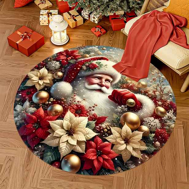 TEMU Vánoční koberec s Santa a červených květin, kulatý, ideální do obývacího pokoje. Je měkký, pohodlný, savý, vhodný do vstupních , obývacích