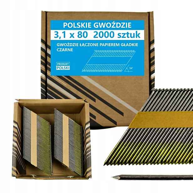 Polské hřebíky do hřebíkovačky spojené papírem 3,1x80 mm 34° 2000ks Csg