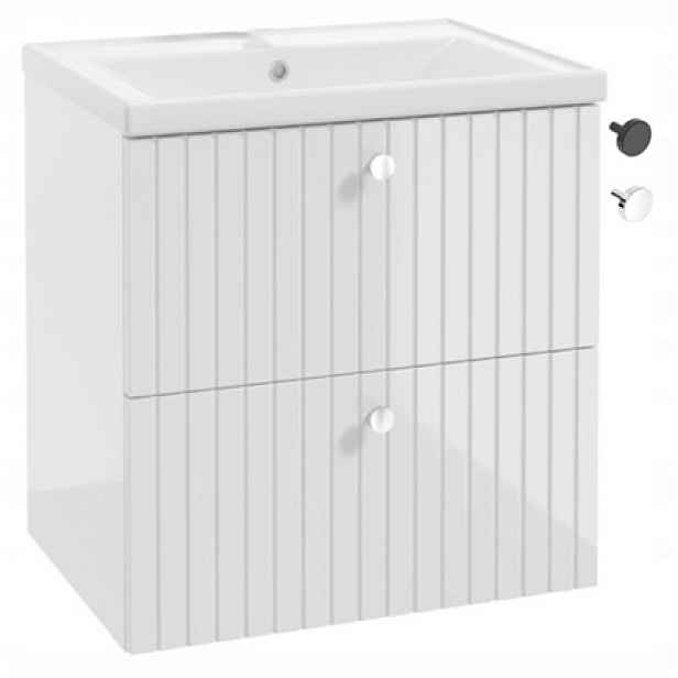 Koupelnová skříňka s umyvadlem 60 cm, bílý lesk, moderní rýhované lamely