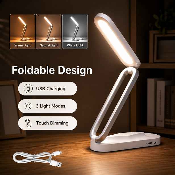 TEMU Skládací LED stolní lampa na čtení, skládací design, tříbarevná nastavitelná jasnost, noční lampička, přenosná, stmívatelná, dobíjecí noční