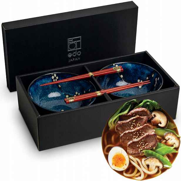 Sada keramiky Modrých misek 17cm Na Polévku Udon s Tyčinkami Hana Blue