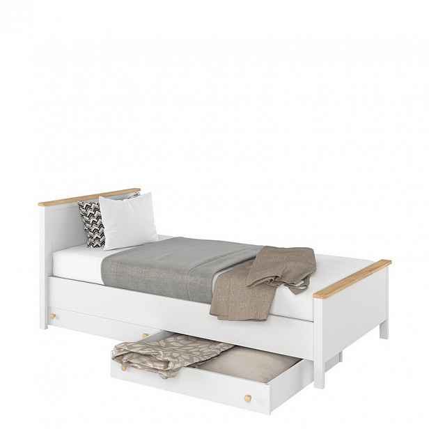 Jednolůžková postel s roštem, matrací a šuplíkem 90x200 MABARUMA - bílá / dub nash