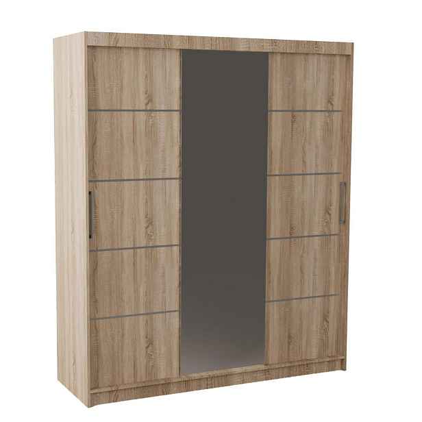 MASSENO ŠATNÍ SKŘÍŇ S POSUVNÝMI DVEŘMI RIETI, 180/215/60 cm 3dveřová se zrcadlem, dub Sonoma
