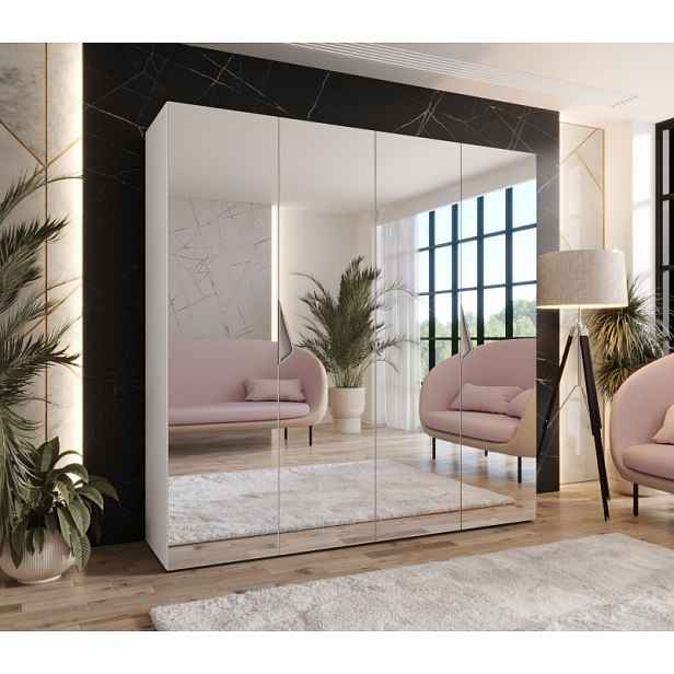 Čtyřdveřová zrcadlová skříň 200 cm AMARIS 3 - bílá / kašmírové úchyty