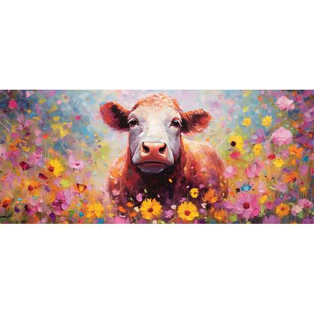 Obraz na plátně Kráva v květech 140x60 cm, efekt olejomalby