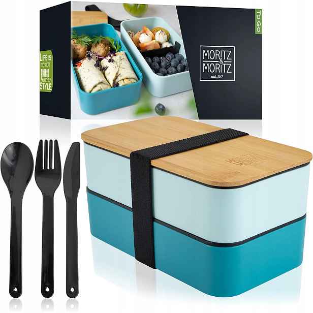Lunchbox modrý bílý s příborem, nádoba na snídani s gumičkou, 1350 ml