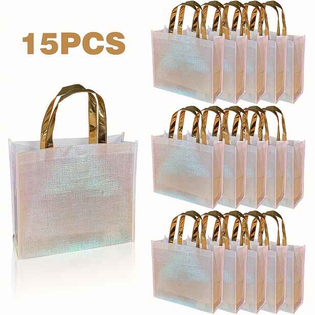 TEMU Sada 15 lesklých zlatých nákupních tašek s uchy, ideální pro svatby a velké dárky. Tyto netkané tašky mají rozměry 32 x 28 x 11 cm, ideální pro