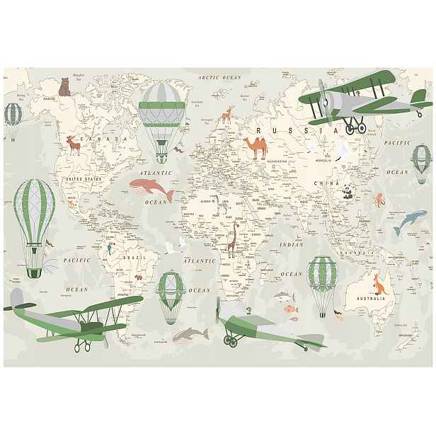 Vinylová Fototapeta Na Flizelině Pro Děti Mapa Světa Letadla 368x254
