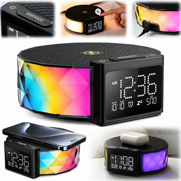 Budík Noční lampa Led stolní indukční nabíječka Qi 15W Rgb
