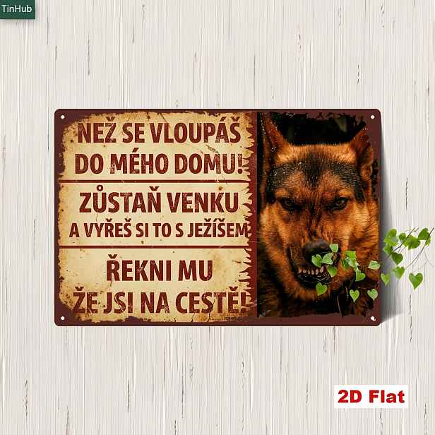 TEMU 2D Plochý, 2D Plochý 1ks Vintage Český Varovný Kovový Znak, 7,87x11,81 palců Železný Znak s Grafikou Divokého Německého Ovčáka a Humorným