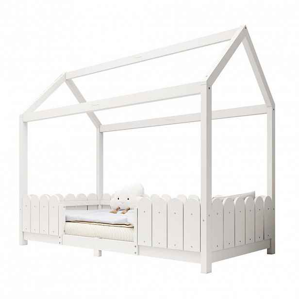 OKWISH DĚTSKÁ postel 90/200 cm bílá z borovicového dřeva a MDF s domečkem a zábranou
