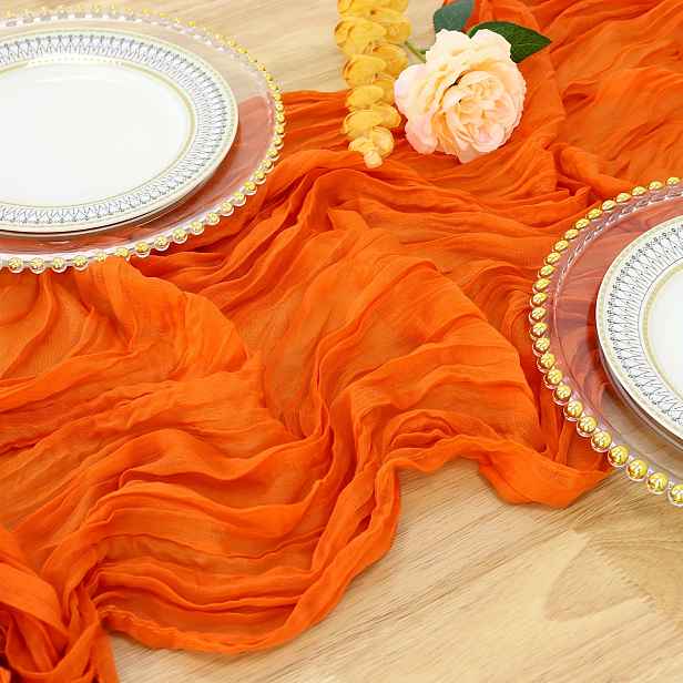 TEMU 3dílná oranžová bohémská běhouny na stůl Polyester plisované běhouny na stůl Gázové ubrusy Venkovský dekor Svatba Dekor Dárek Příležitostní