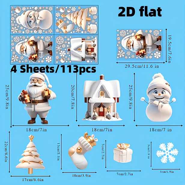 TEMU 2D ploché - 2D ploché - 2D ploché 4 archy/113 ks Vánoční kolekce samolepek na okna - Barevné samolepky na sklo s Santa a sváteční tématiky,