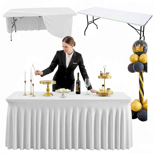 Obal na stůl s volánem Bílý 180x76 cm ubrus catering svatební hostina banket