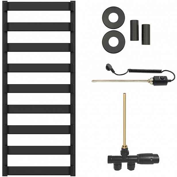 Koupelnový radiátorový set Adriano - kombinované vytápění, termo tyč - boční jednobodové připojení - 300W - černá matná - 1200x500 mm