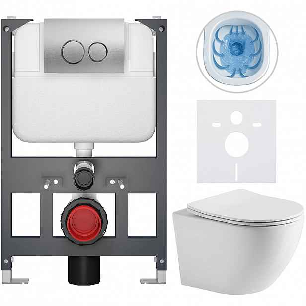 Kompletní WC set Basic/Cesso - bílá lesklá - WC tlačítko Dualo/Stříbrná - závěsné - nízký modul - předstěnová instalace - 49x36 cm - 8050BD85939