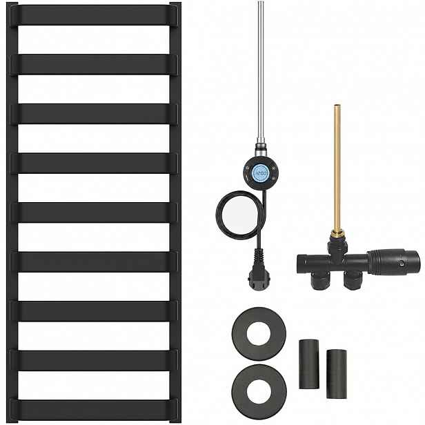 Koupelnový radiátorový set Adriano - kombinované vytápění, wifi tyč - boční jednobodové připojení - 300W - černá matná - 1200x500 mm