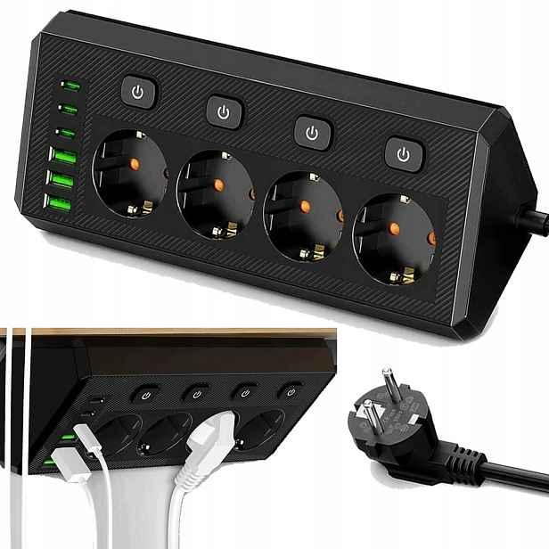 Prodlužovací Kabel Zásuvková Lišta Nabíječka 4 Zásuvek S Vypínači 6X Usb 2 M