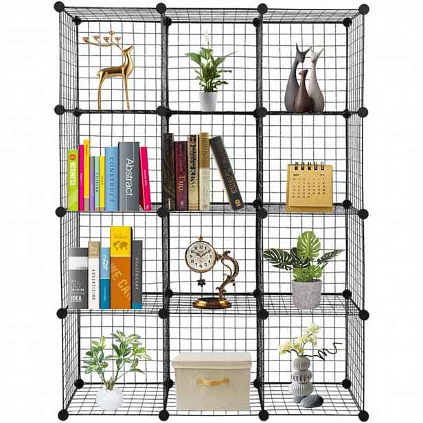 TEMU Bonnlo 12-kompartimentový kubusový regál, kovový plastový úložný organizér s černým mřížkovým designem, 42" x 15" x 55", víceúčelový podlahový