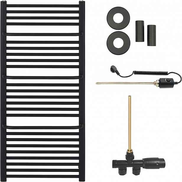 Koupelnový radiátorový set Antonio - kombinované vytápění, termo tyč - boční jednobodové připojení - 600W - černá matná - 1180x550 mm