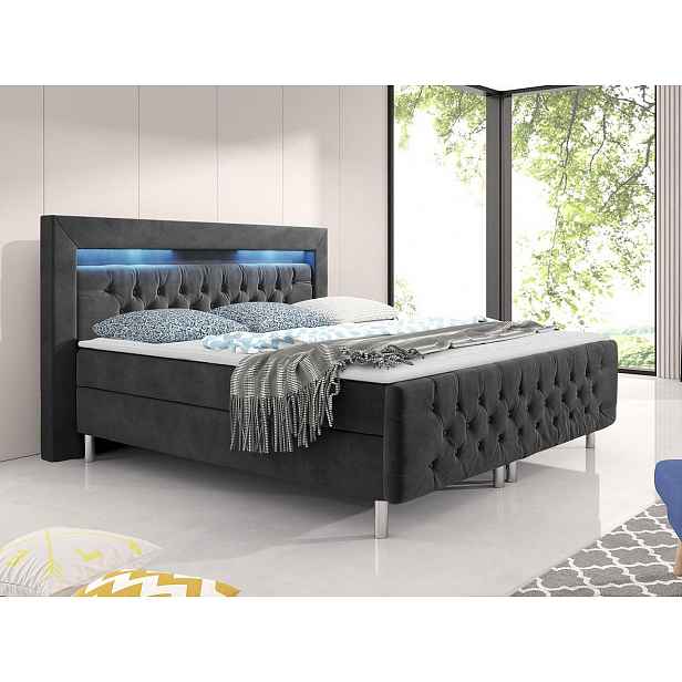 Boxspringová manželská postel s LED osvětlením 140x200 DELBIN - šedá + topper ZDARMA