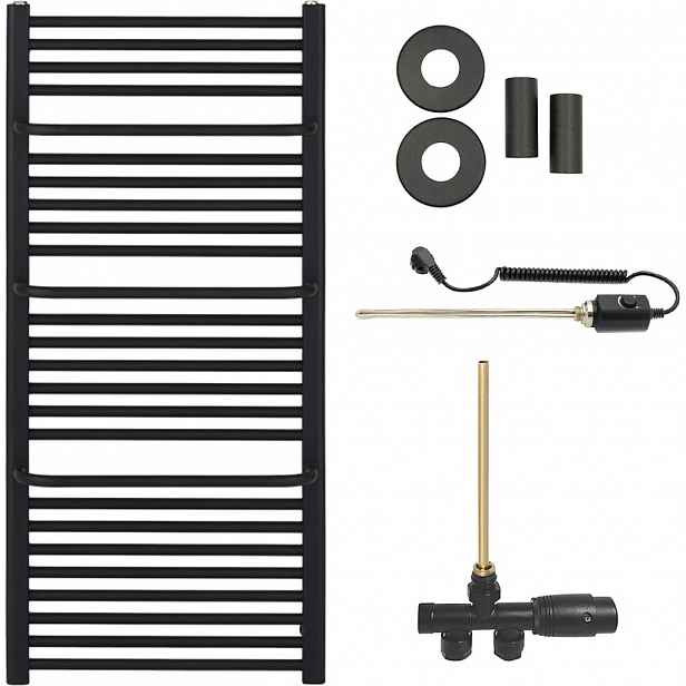 Koupelnový radiátorový set Antonio - kombinované vytápění, termo tyč - boční jednobodové připojení - 600W - černá matná - 1460x550 mm