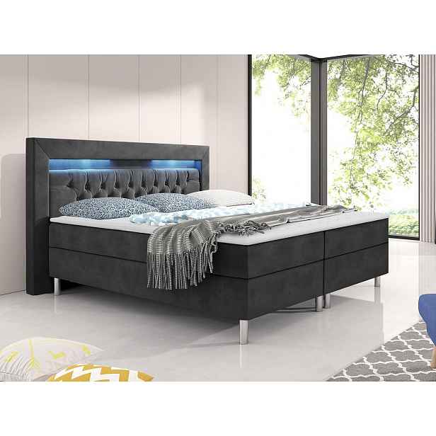 Boxspringová postel s LED osvětlením 160x200 DELBIN - šedá + topper ZDARMA