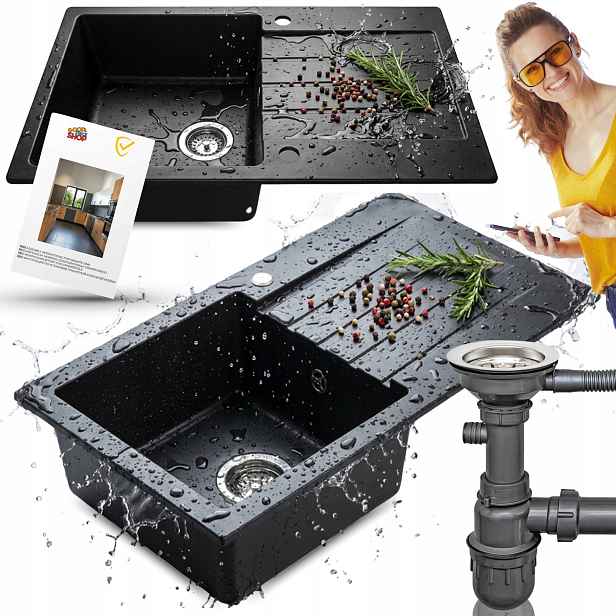 Granitový Dřez, Černý, Jednokomorový, Kuchyňský, S Odkapávačem A Sifonem