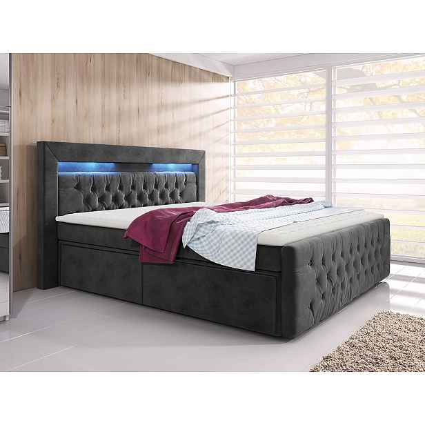 Boxspringová postel s LED osvětlením a dvěma šuplíky 160x200 DELBIN - šedá + topper ZDARMA