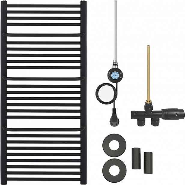 Koupelnový radiátorový set Antonio - kombinované vytápění, wifi tyč - boční jednobodové připojení - 600W - černá matná - 1180x550 mm