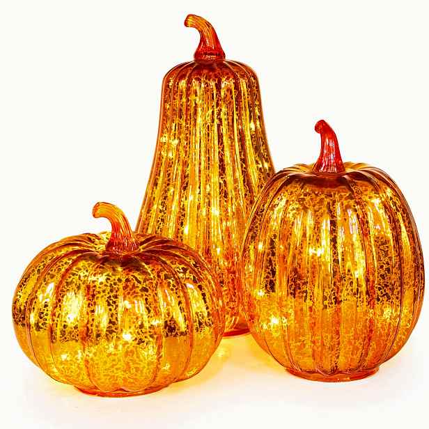 Dekorativní Dýně Led Skleněné 3 Ks Podzimní Časovač Halloweenské Ozdoby