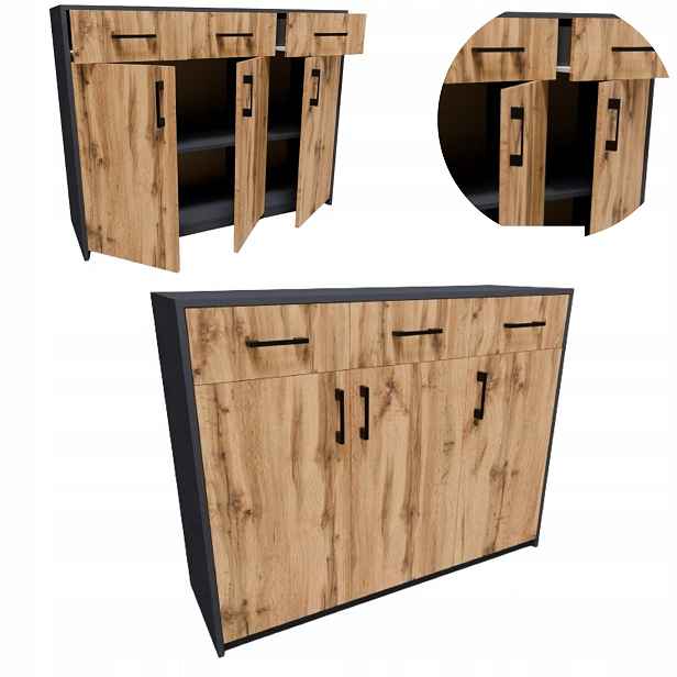 Komoda 3D3S Grafit-wotan velká 3 zásuvky 3 skříňky regál na oblečení hračky