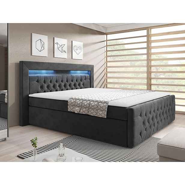 Boxspringová postel s LED osvětlením a úložným prostorem 160x200 DELBIN - šedá + topper ZDARMA