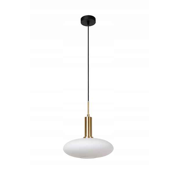 Závěsná lampa černá zlatá skleněná, bílé oválné stínidlo 30 cm Lucide