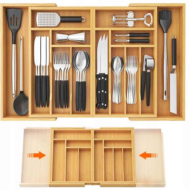 Organizér do zásuvky na příbory, výsuvný bambusový organizér, 55-91,4 cm