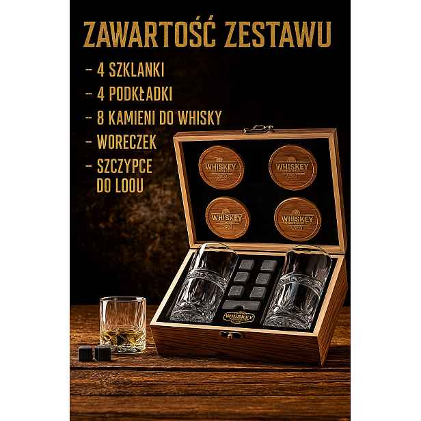 Sada Na Whisky V Dřevěné Krabičce – 4 Sklenice, Kameny, Dárek