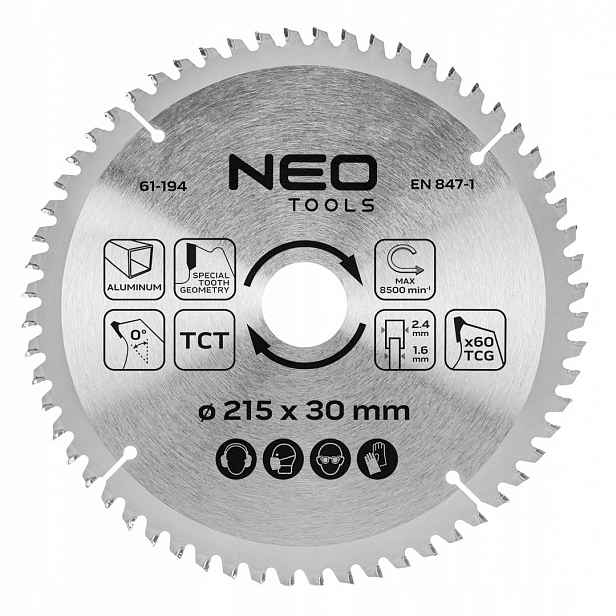 Pilový kotouč, vidlicový, 215 x 30 mm, 60 zubů, pro hliník, Neo 61-194