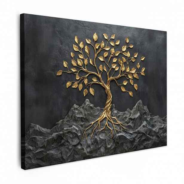 MuchoWow OBRAZ NA PLÁTNĚ Listy - Zlato - Strom - Skála 80x60 cm