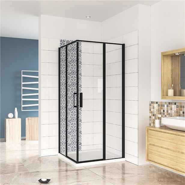 Čtvercový sprchový kout BLACK SAFIR R808, 80x80, se dvěma jednokřídlými dveřmi s pevnou stěnou, rohový vstup
