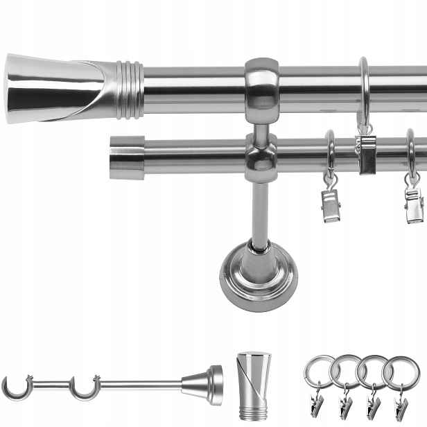 Garnýž Kovový Dvojitý 120 CM 19 MM Efekt Oceli Duncan Kolečka Na Žabky