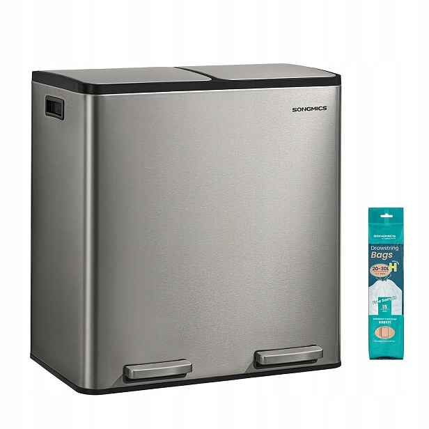 Odpadkový koš na tříděný odpad s pedálem a víkem 2 x 30 L stříbrný