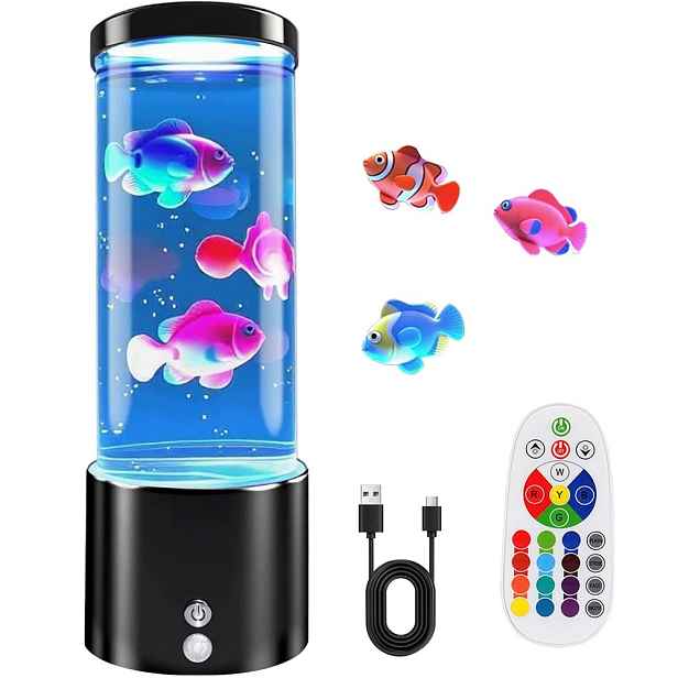 Noční Lampa Led Akvárium Měnící Barvy Černá Se 3 plovoucími Rybičky