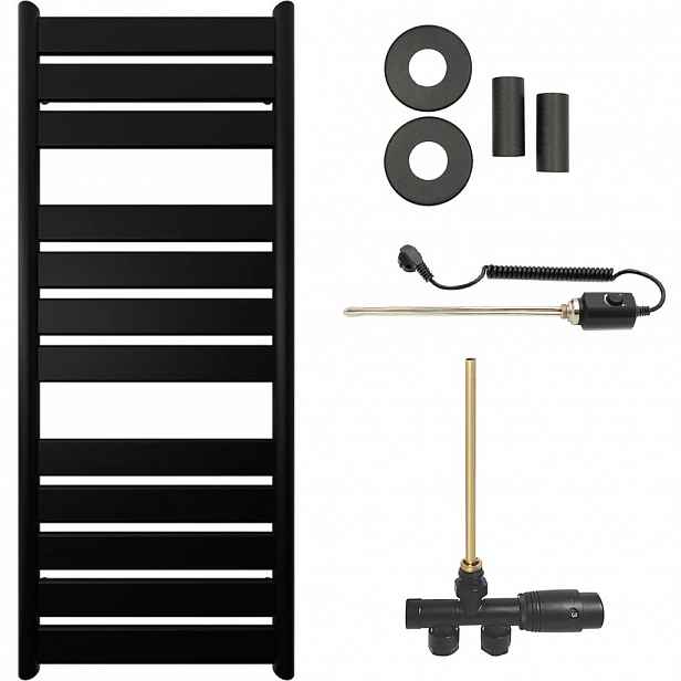 Koupelnový radiátorový set Arturo - kombinované vytápění, termo tyč - boční jednobodové připojení - 600W - černá matná - 1200x500 mm