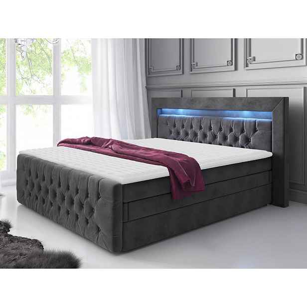 Boxspringová postel s LED osvětlením a úložným prostorem 160x200 DELBIN 1 - šedá + topper ZDARMA