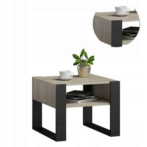 Lavička Kaja Čtverec sonoma-černý konferenční stolek 60 cm malý stůl s poličkou loft